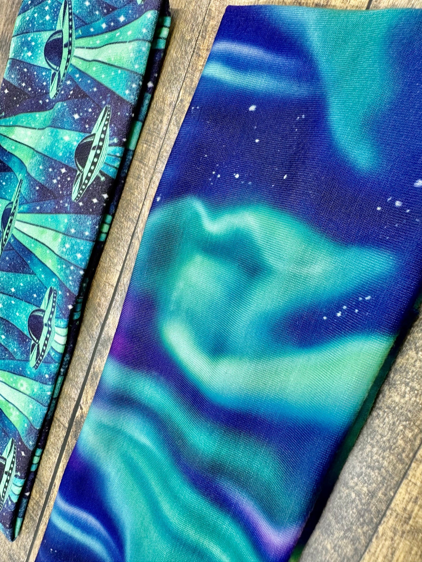 Alien Spaceship and Northern Lights Handmade Headbands Jersey Knit Soft Aurora Borealis UFO