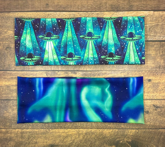 Alien Spaceship and Northern Lights Handmade Headbands Jersey Knit Soft Aurora Borealis UFO