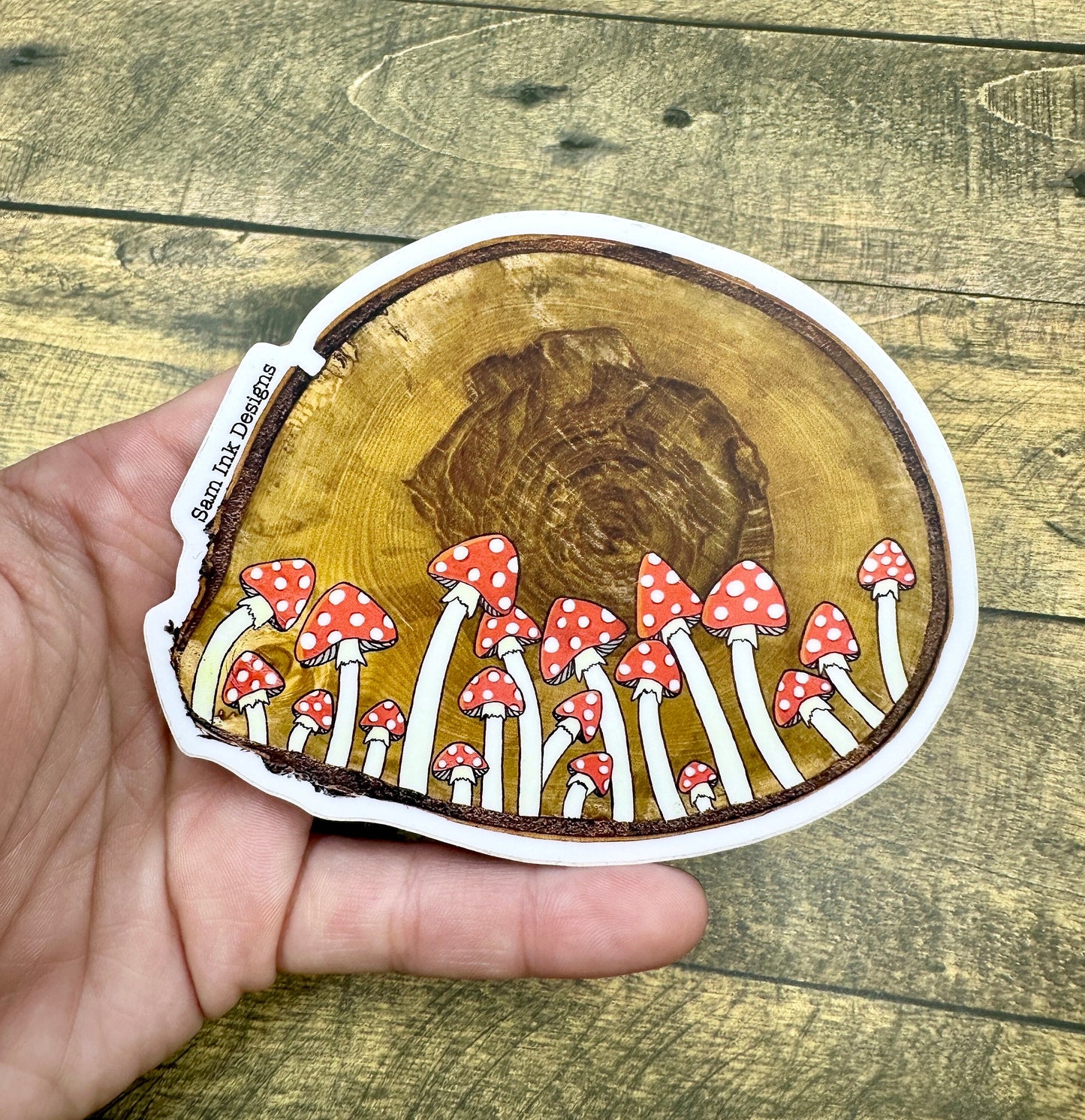 Mushroom Wood Slice Sticker: Original Artwork, Waterproof Vinyl Decal