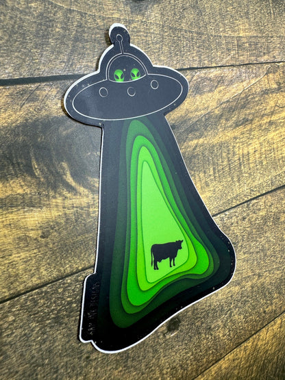 Alien Sticker Flying Soaceship and Abducting a Cow Waterproof Decal, Water Bottle, and Laptop Stickers