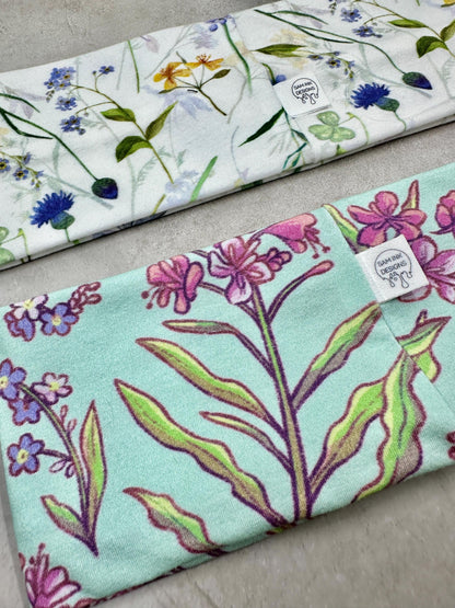 Handmade Floral Headband: Alaskan Fireweed & Columbine Jersey Knit