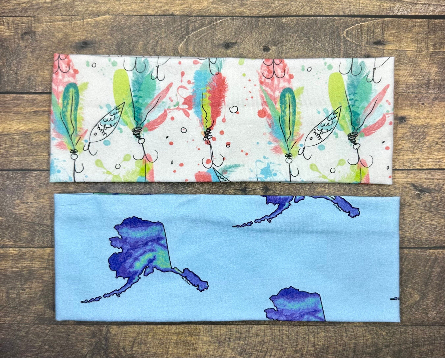 Alaska and Fishing Hooks Handmade Headbands Jersey Knit Soft Topographical Watercolor
