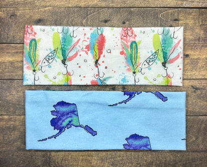 Alaska and Fishing Hooks Handmade Headbands Jersey Knit Soft Topographical Watercolor