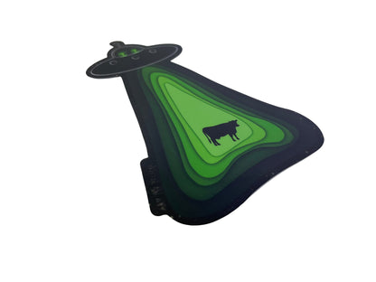 Alien Sticker Flying Soaceship and Abducting a Cow Waterproof Decal, Water Bottle, and Laptop Stickers