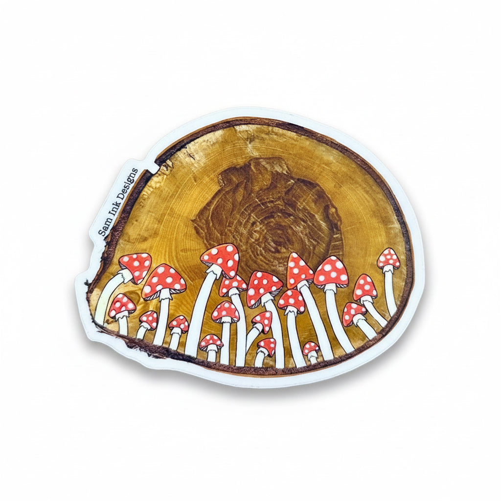 Mushroom Wood Slice Sticker: Original Artwork, Waterproof Vinyl Decal