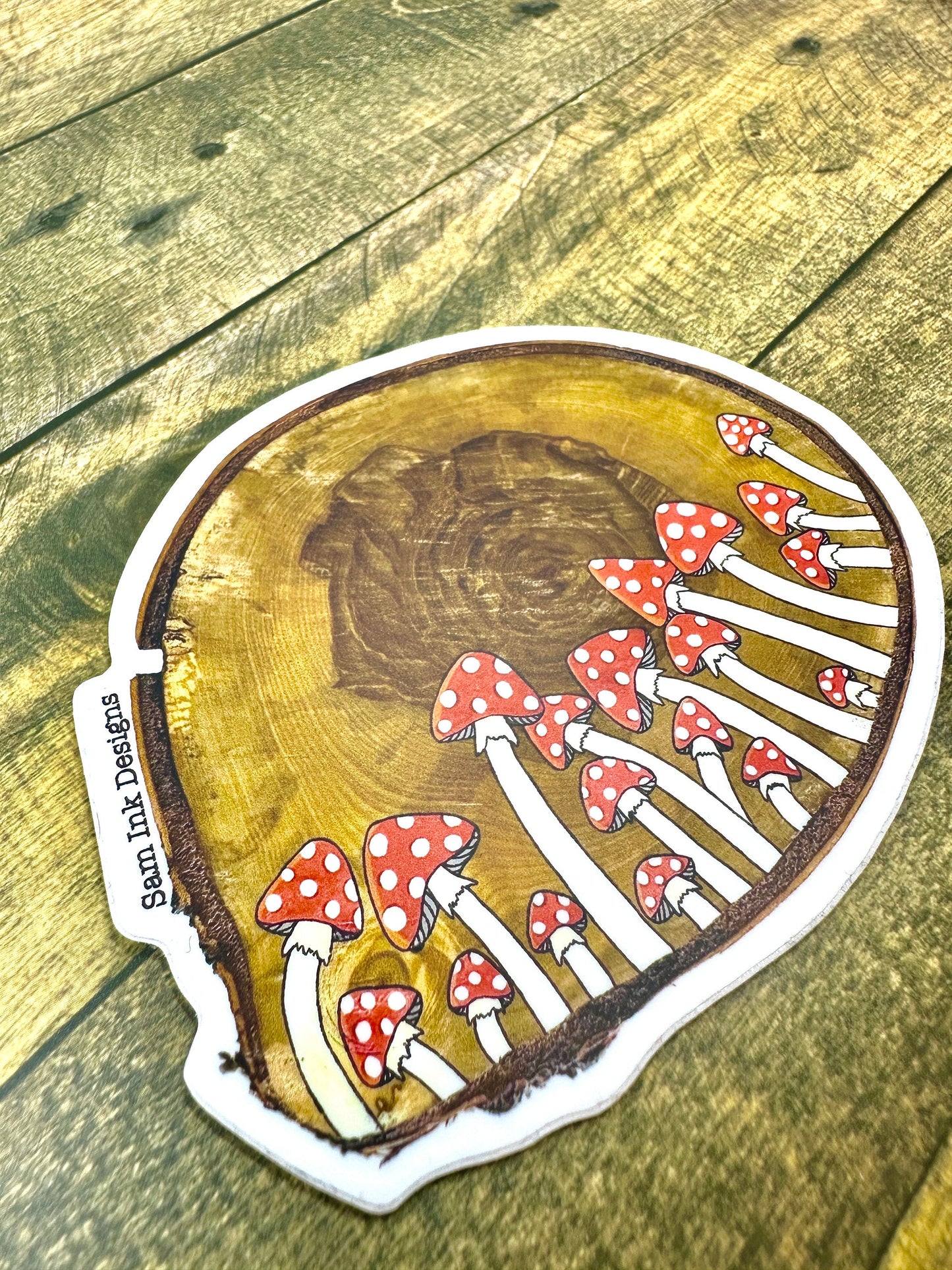Mushroom Wood Slice Sticker: Original Artwork, Waterproof Vinyl Decal