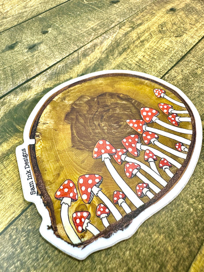Mushroom Wood Slice Sticker: Original Artwork, Waterproof Vinyl Decal