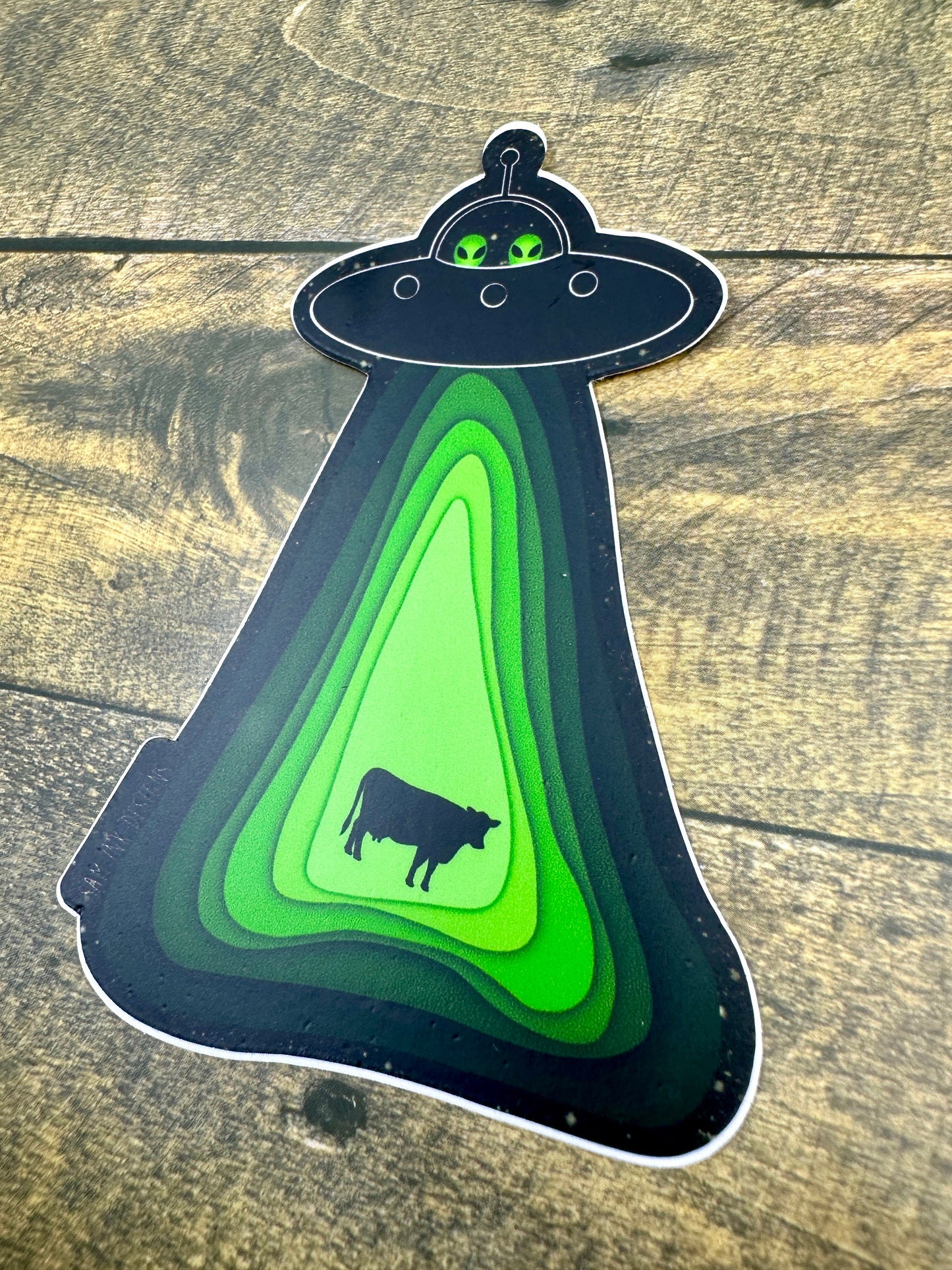 Alien Sticker Flying Soaceship and Abducting a Cow Waterproof Decal, Water Bottle, and Laptop Stickers