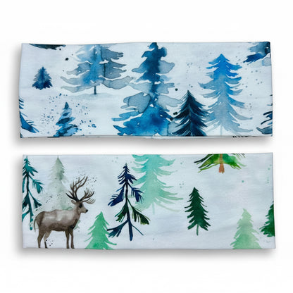 Deer Headband and Spruce Trees Watercolor Handmade Headbands Jersey Knit Soft Bandeau