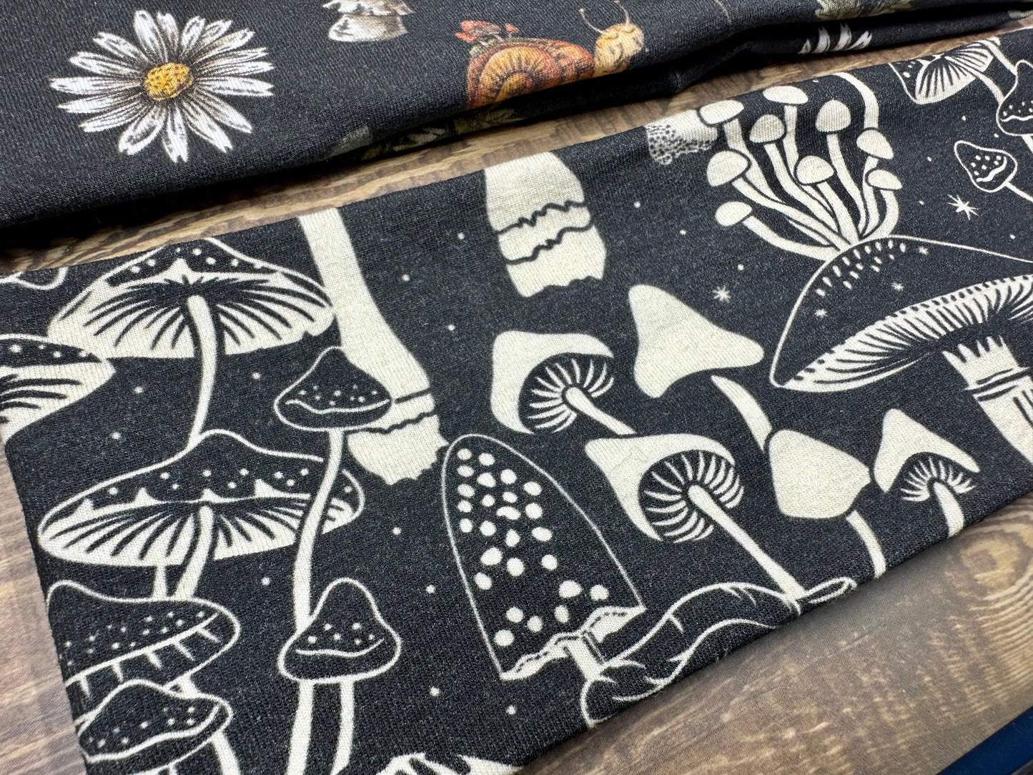 Neon Mushroom Headband With Fern and Snails, Handmade Bandeau Jersey Knit Soft Black, White, Purple, and Orange Floral Pattern