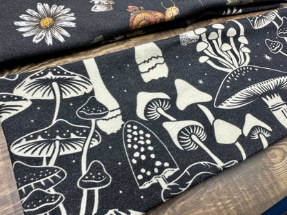 Neon Mushroom Headband With Fern and Snails, Handmade Bandeau Jersey Knit Soft Black, White, Purple, and Orange Floral Pattern