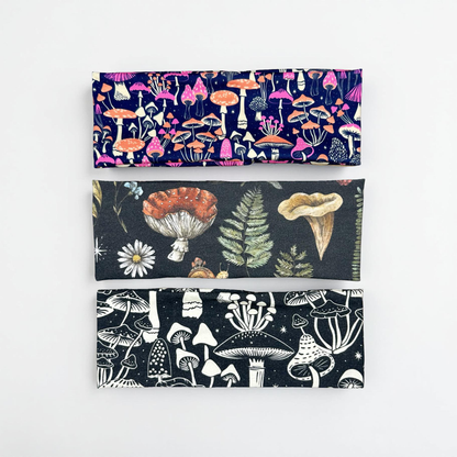 Neon Mushroom Headband With Fern and Snails, Handmade Bandeau Jersey Knit Soft Black, White, Purple, and Orange Floral Pattern