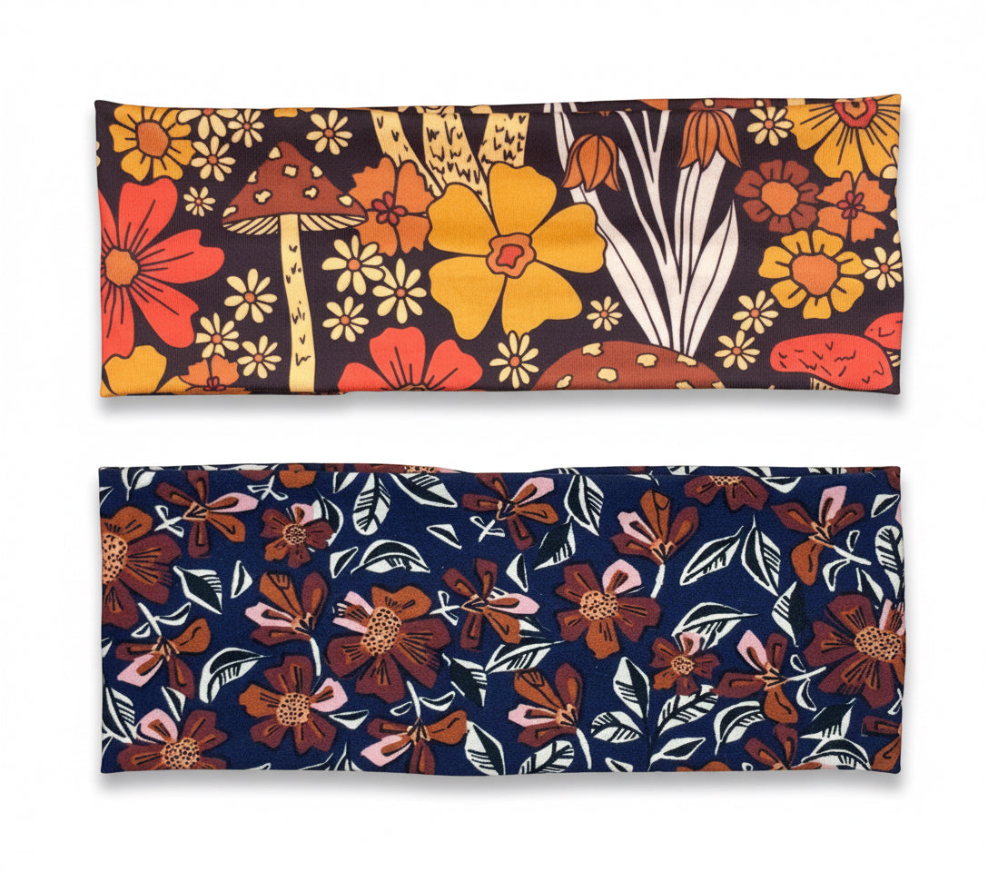 70’s Style Headbands, Orange and Brown Color Floral Mushroom Handmade  Jersey Knit Soft