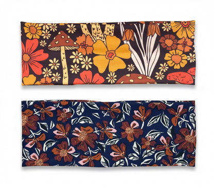 70’s Style Headbands, Orange and Brown Color Floral Mushroom Handmade  Jersey Knit Soft