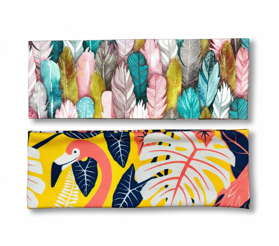 Flamingo Headband and Feathers Handmade Bandeau Jersey Knit Soft Tropical Bright