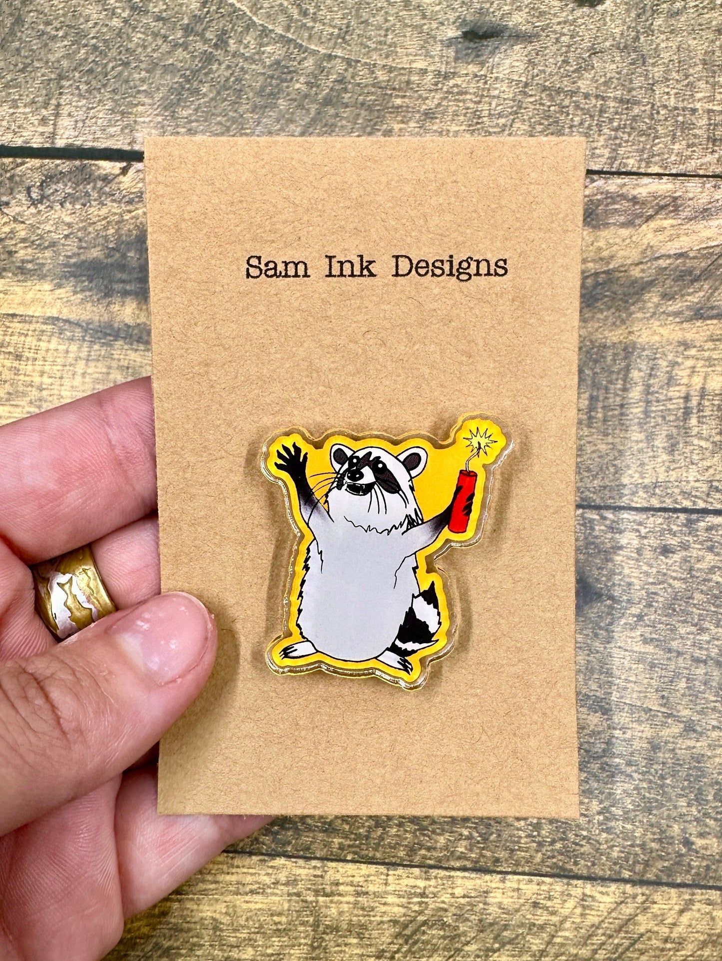 Funny Raccoon Acrylic Pin: Dynamite Graphic Design