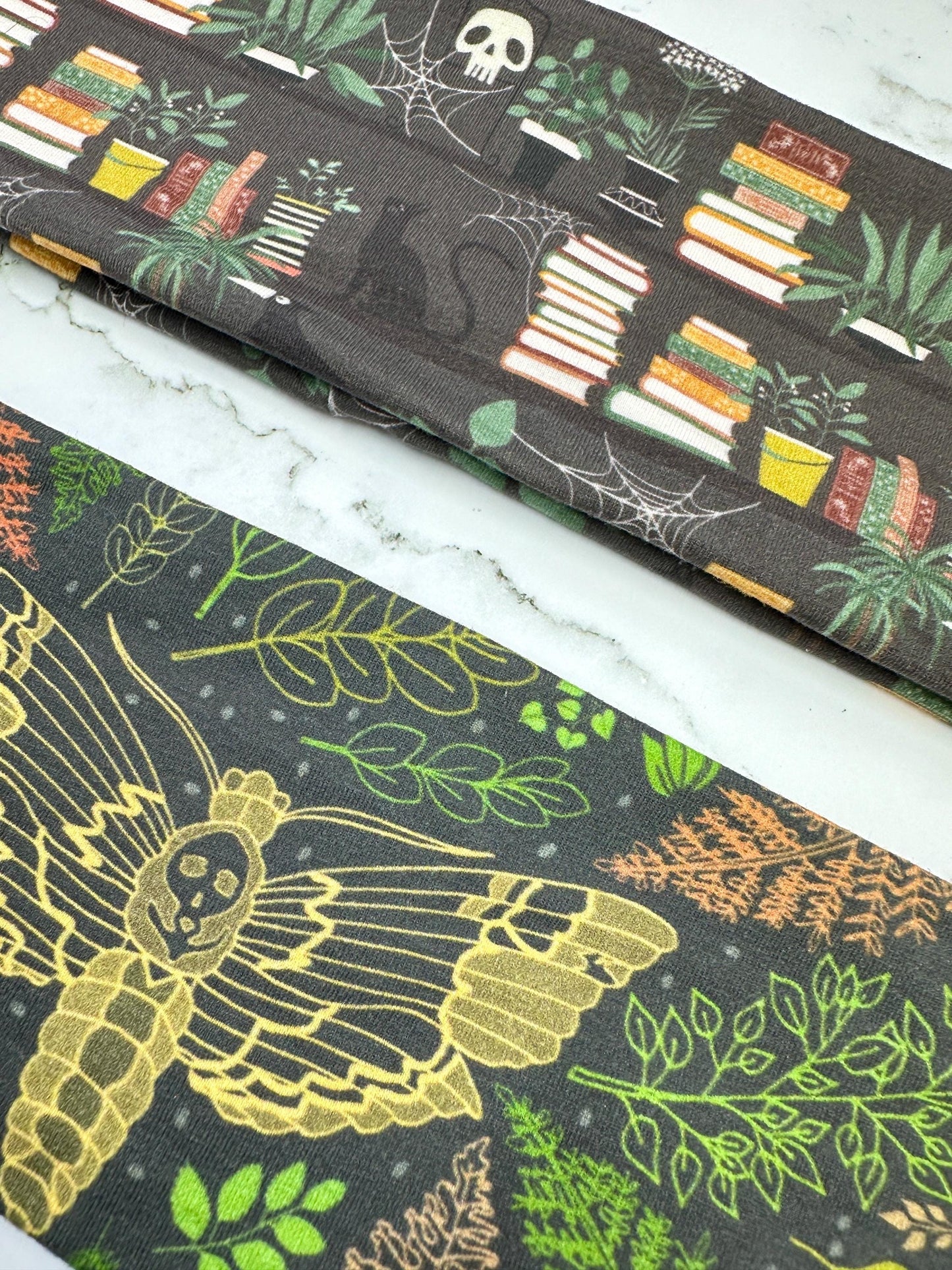 Handmade Dark Academia Headband: Moth, Ferns, Bookshelves Print