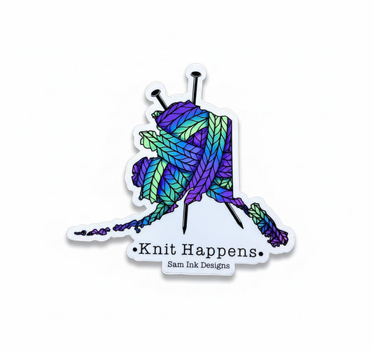 Knit Happens Alaska Sticker: Colorful Knitting Pun, 4-inch Vinyl