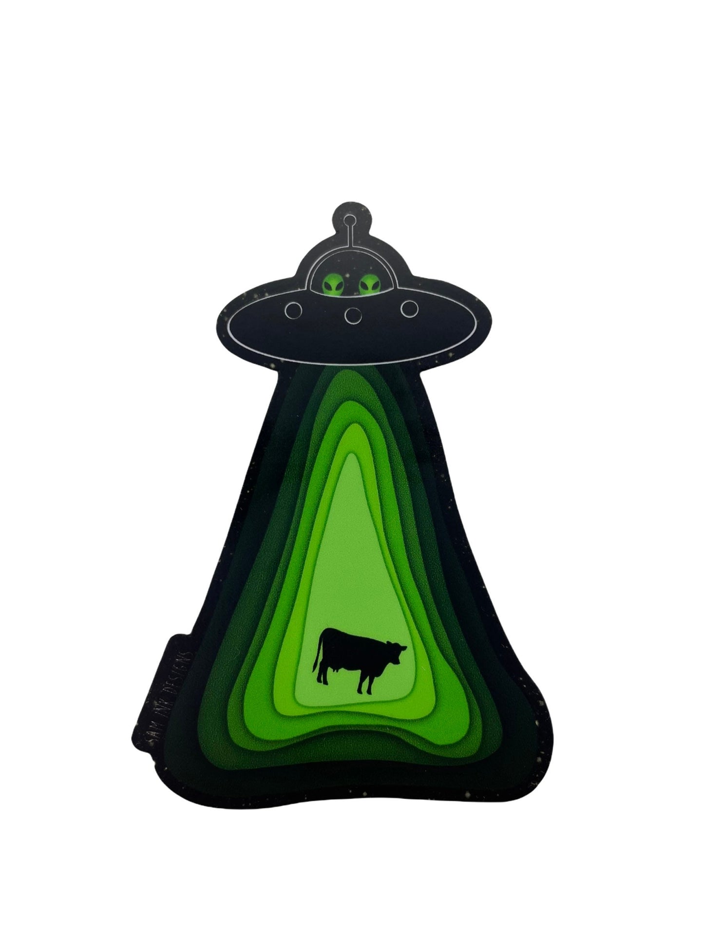 Alien Sticker Flying Soaceship and Abducting a Cow Waterproof Decal, Water Bottle, and Laptop Stickers