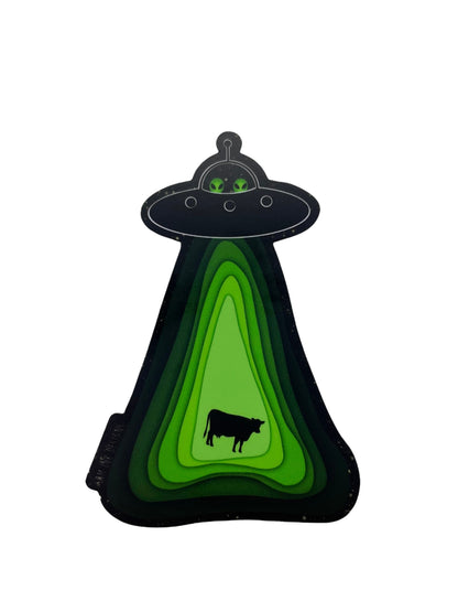 Alien Sticker Flying Soaceship and Abducting a Cow Waterproof Decal, Water Bottle, and Laptop Stickers