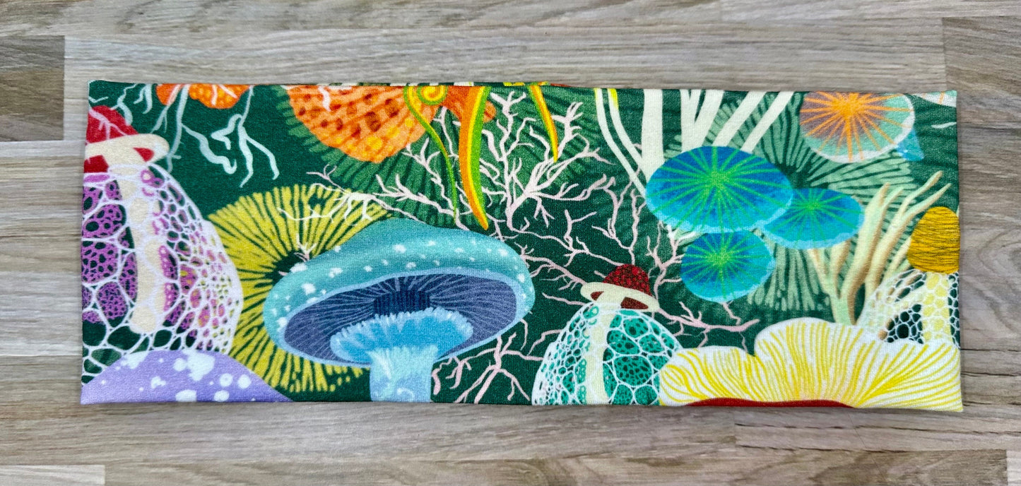 Mushroom Moth Headband and Ferns Handmade Bandeau Jersey Knit Soft Skulls Wide No Slip Headbands