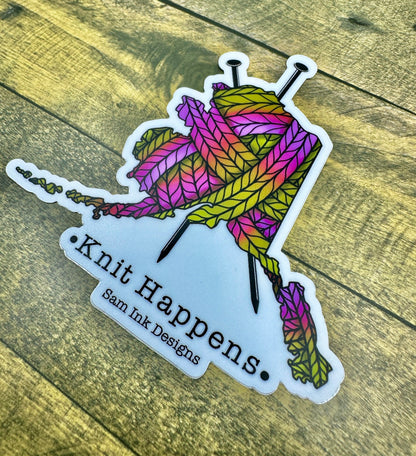 Knit Happens Alaska Sticker: Colorful Knitting Pun, 4-inch Vinyl