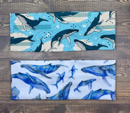 Humpback Whales Handmade Headbands Jersey Knit Soft Watercolor Graphic Design Art