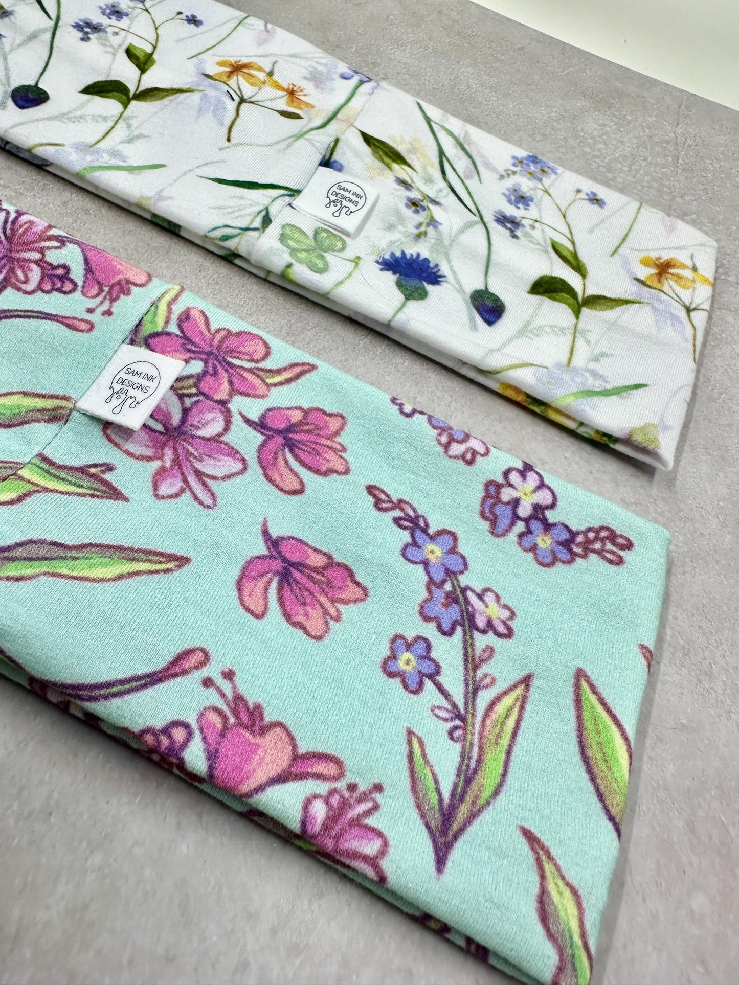 Handmade Floral Headband: Alaskan Fireweed & Columbine Jersey Knit