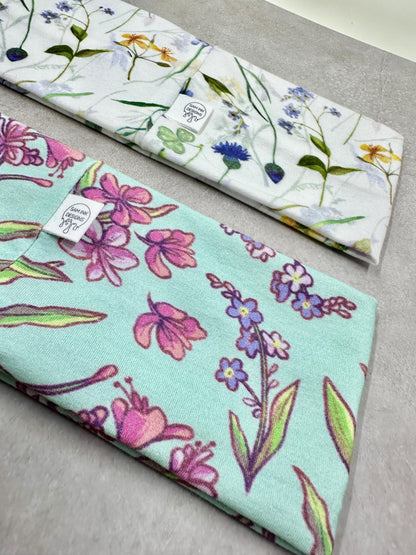 Handmade Floral Headband: Alaskan Fireweed & Columbine Jersey Knit