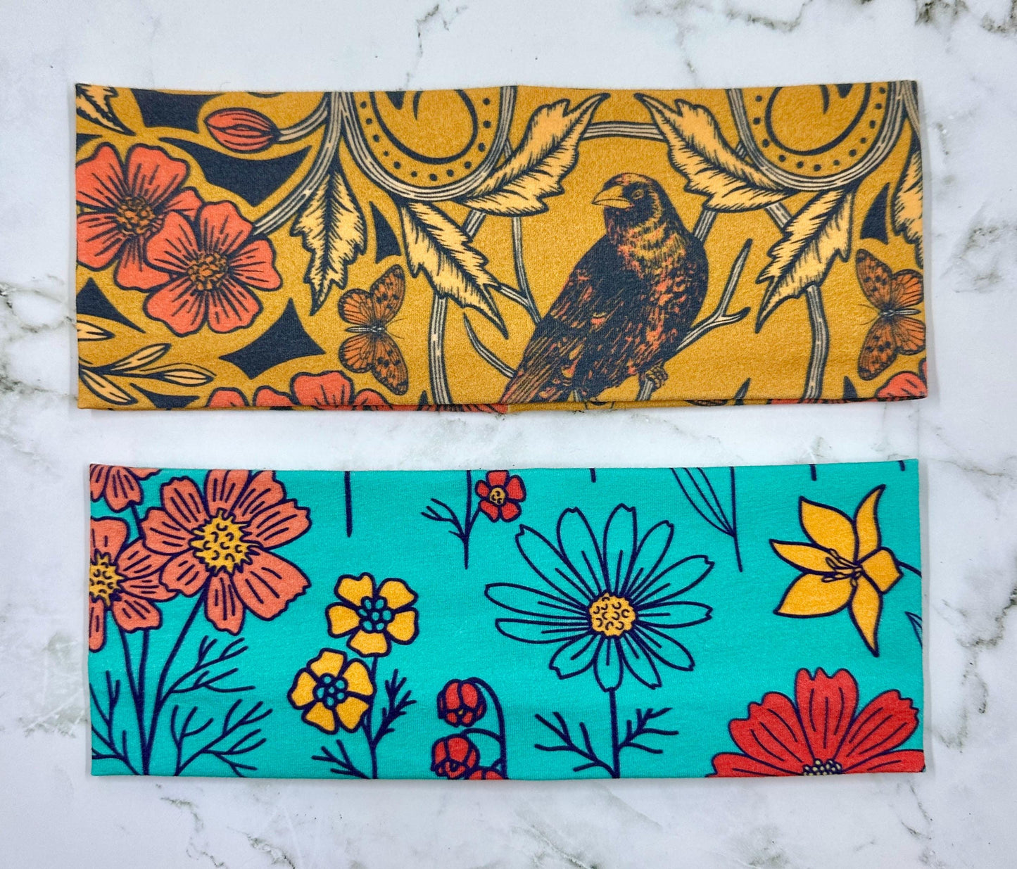 Handmade Floral Jersey Knit Headband: Bird & Beetle Print