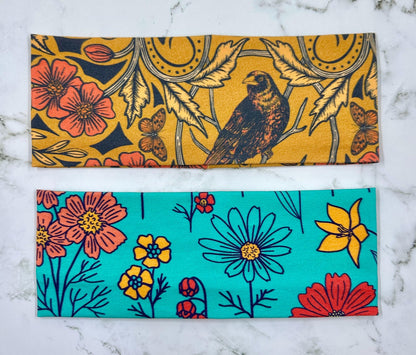 Handmade Floral Jersey Knit Headband: Bird & Beetle Print