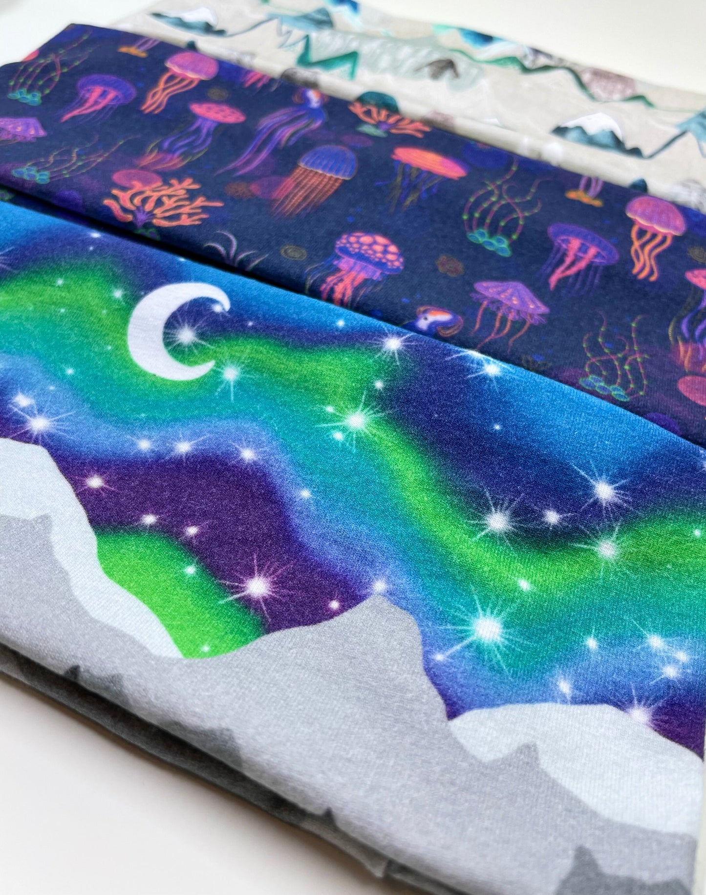Alaskan Northern Lights Mountains and Jellyfish Handmade Headbands Jersey Knit Soft