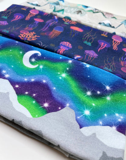Alaskan Northern Lights Mountains and Jellyfish Handmade Headbands Jersey Knit Soft