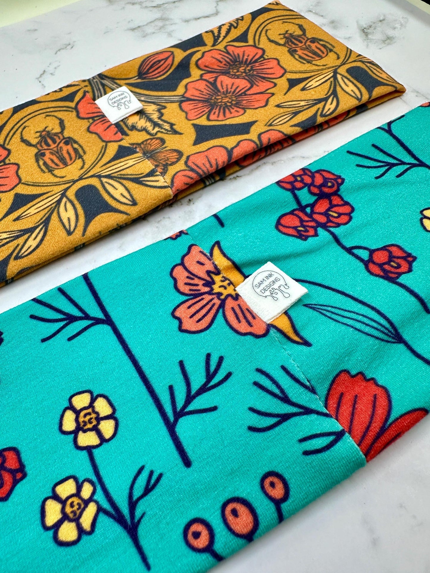 Handmade Floral Jersey Knit Headband: Bird & Beetle Print