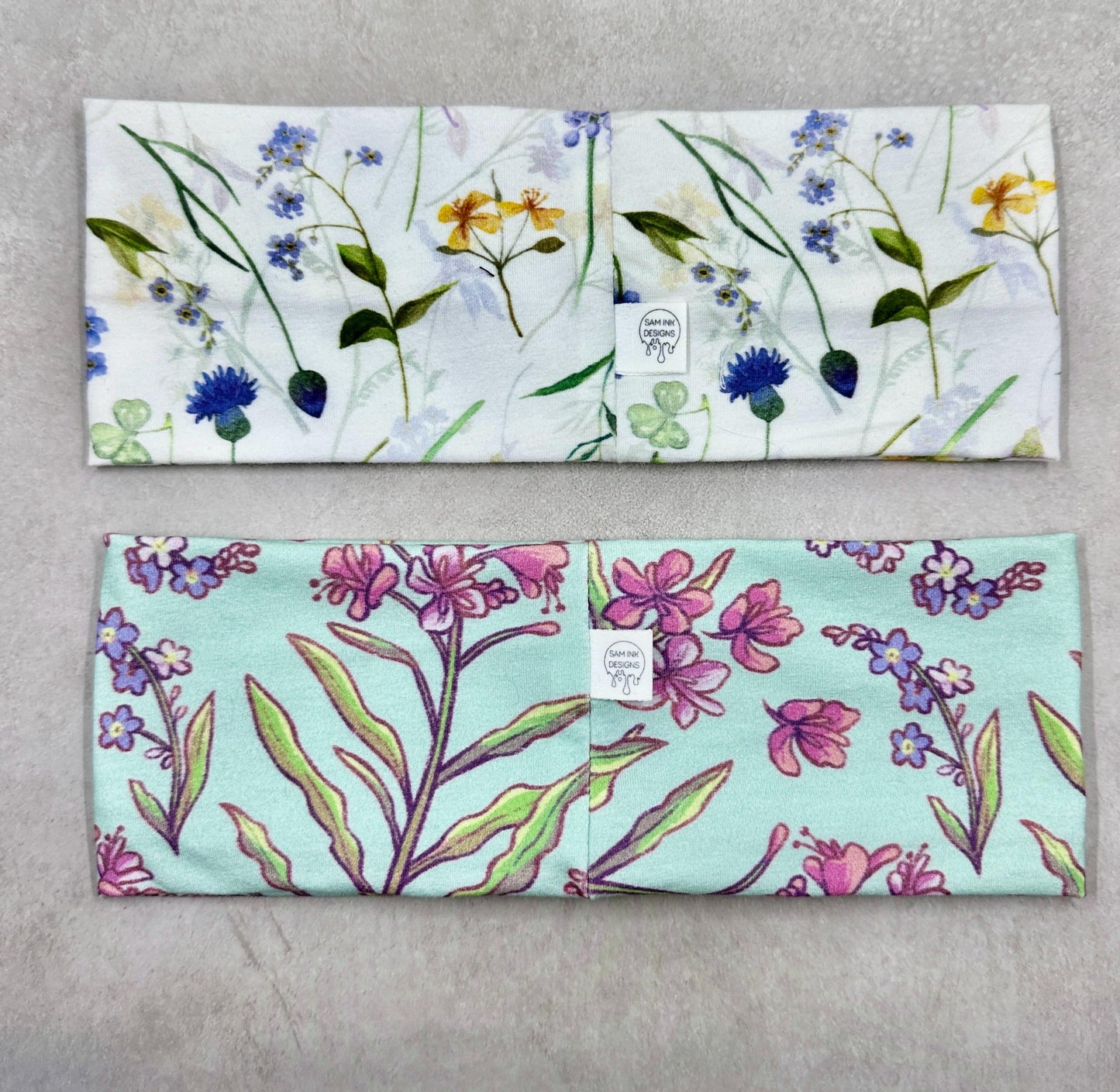Handmade Floral Headband: Alaskan Fireweed & Columbine Jersey Knit