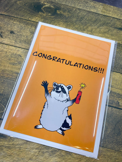 Cute Raccoon Chaos Explosive Greeting Card Thank You Congratulations Card