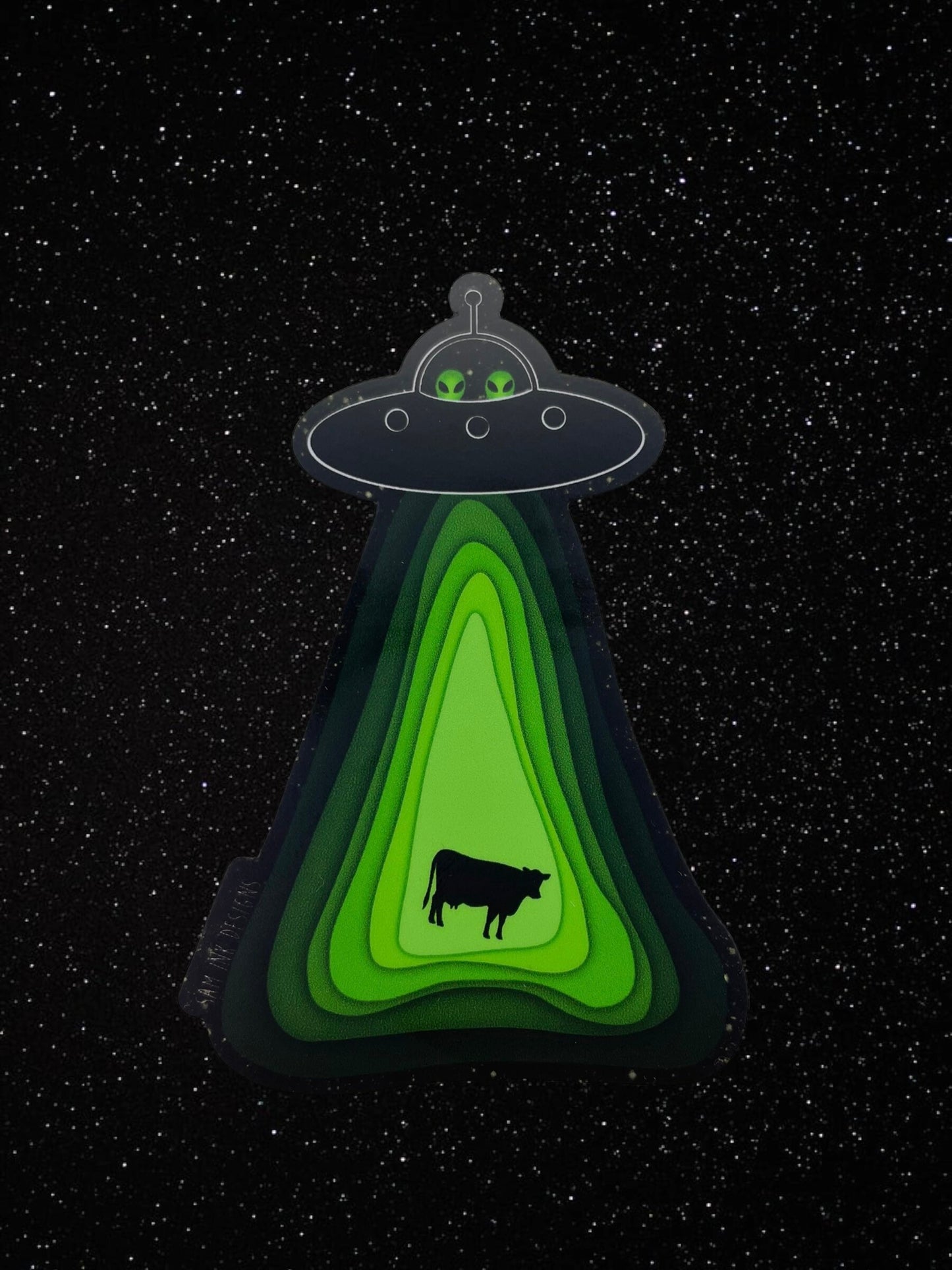 Alien Sticker Flying Soaceship and Abducting a Cow Waterproof Decal, Water Bottle, and Laptop Stickers