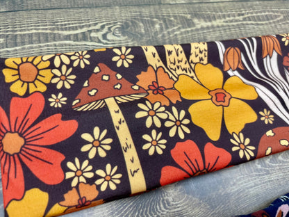 70’s Style Headbands, Orange and Brown Color Floral Mushroom Handmade  Jersey Knit Soft