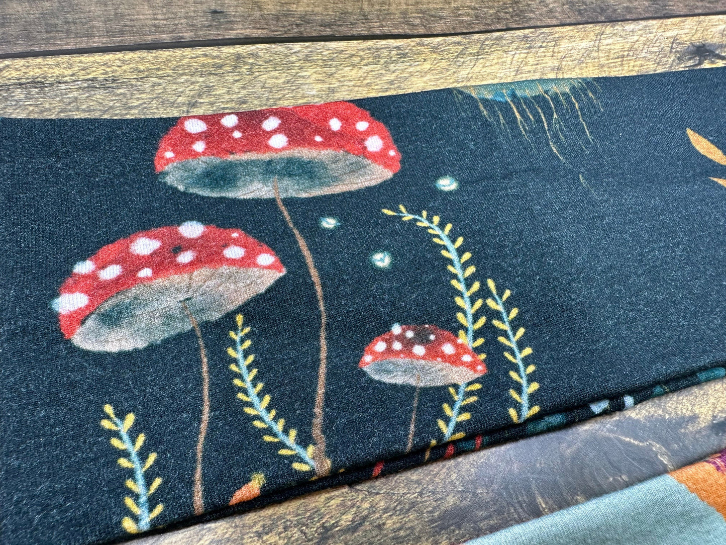 Dark Mushrooms and Leafs Handmade Headbands Jersey Knit Soft Mushrooms