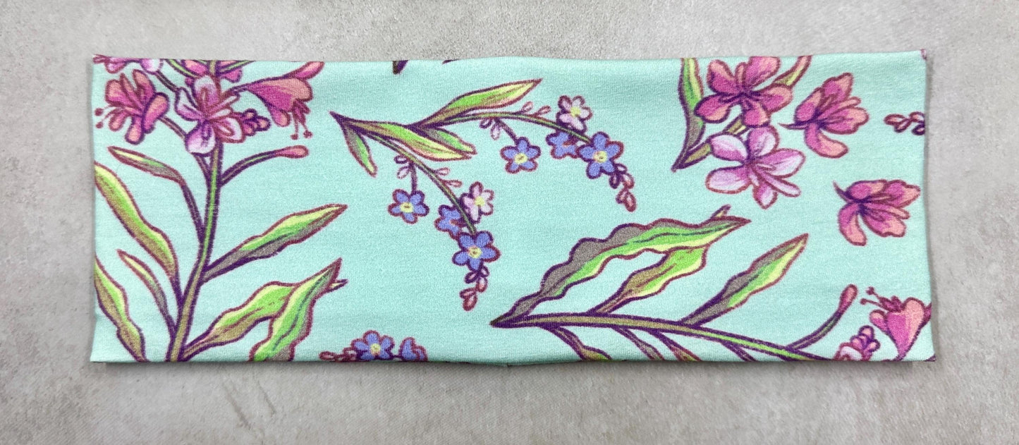 Handmade Floral Headband: Alaskan Fireweed & Columbine Jersey Knit