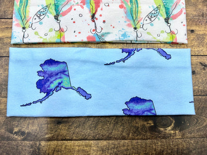 Alaska and Fishing Hooks Handmade Headbands Jersey Knit Soft Topographical Watercolor