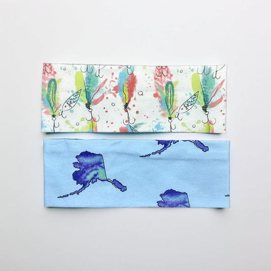 Alaska and Fishing Hooks Handmade Headbands Jersey Knit Soft Topographical Watercolor