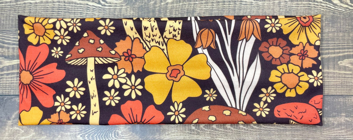 70’s Style Headbands, Orange and Brown Color Floral Mushroom Handmade  Jersey Knit Soft