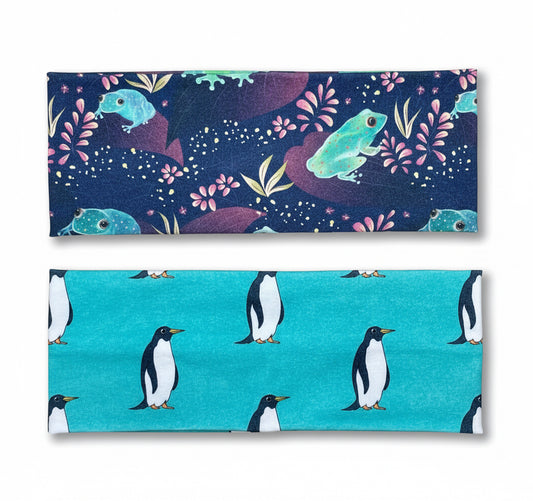 Bioluminescent Frogs and Teal Penguins Handmade Headbands Jersey Knit Soft Watercolor Graphic Design Art