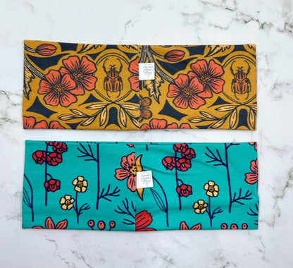 Handmade Floral Jersey Knit Headband: Bird & Beetle Print