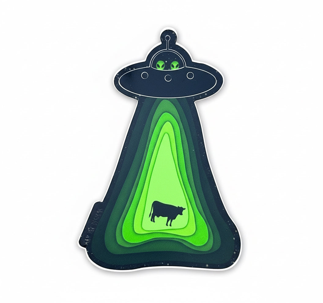 Alien Sticker Flying Soaceship and Abducting a Cow Waterproof Decal, Water Bottle, and Laptop Stickers