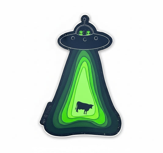 Alien Sticker Flying Soaceship and Abducting a Cow Waterproof Decal, Water Bottle, and Laptop Stickers