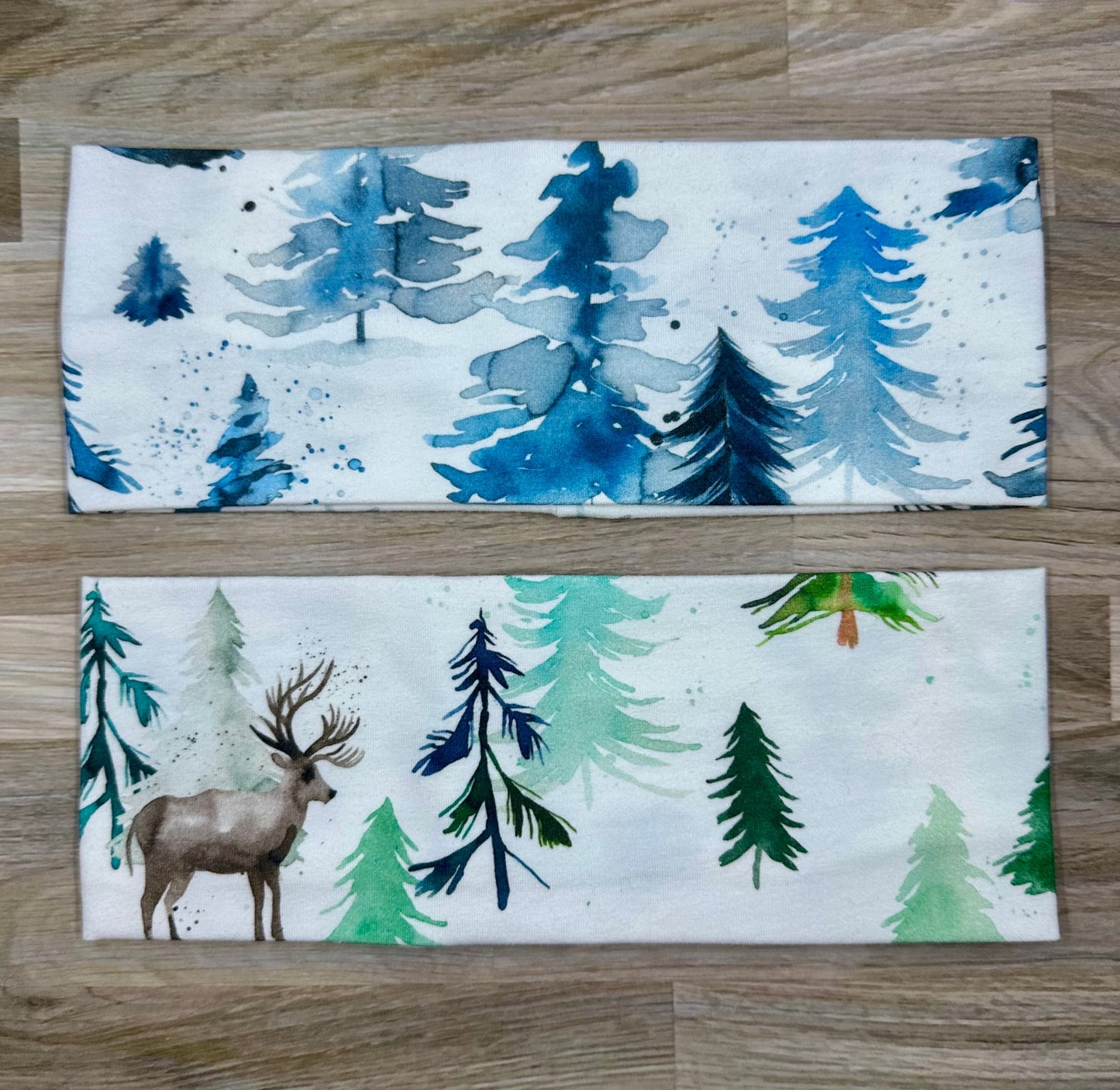 Deer Headband and Spruce Trees Watercolor Handmade Headbands Jersey Knit Soft Bandeau