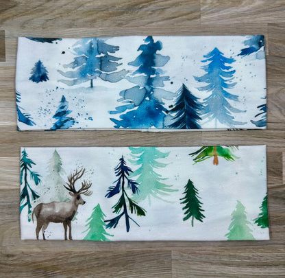 Deer Headband and Spruce Trees Watercolor Handmade Headbands Jersey Knit Soft Bandeau