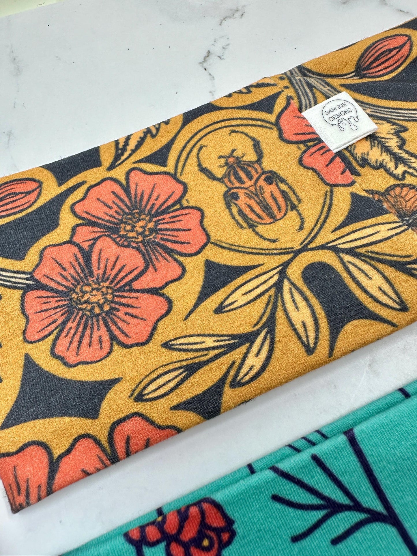 Handmade Floral Jersey Knit Headband: Bird & Beetle Print
